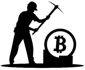 Bei grünen Kryptowährungen ist das Mining umweltfreundlich. Symbol ein Mann mit Sitzhacke über einem Bitcoin.